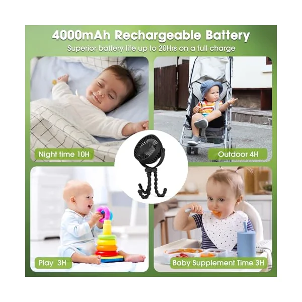 POPERFUN Portable Pram Fan,Rechargeable Stroller Fan Clip on Fans for Infant 360° Rotate Flexible Tripod Baby Fan Handheld USB Desk Cooling Fans for Bedroom Crib Treadmill Travel Camping