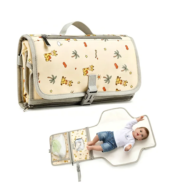 Portable Changing Mat Cartoon, Waterproof Nappy Pad with Pockets and Strap, Lightweight & Foldable Travel Changing Mat for Stroller and Car (Giraffes, one Size)