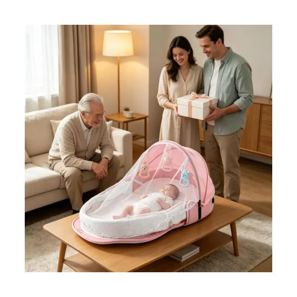 Portable Travel Crib - Removable Washable Sleeping Bed | Lounger with net, Foldable Bassinet with canopy, Breathable Linen Sleep Pod, Compact Carry Cot for Camping Indoor