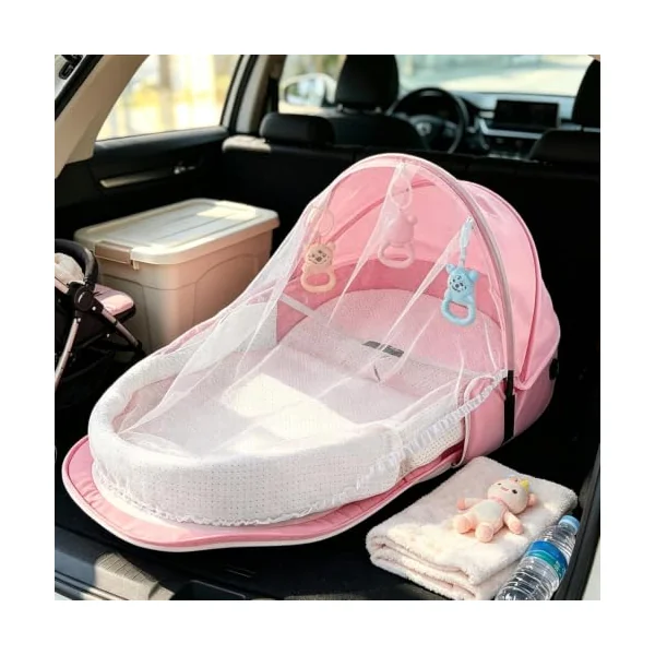 Portable Travel Crib - Removable Washable Sleeping Bed | Lounger with net, Foldable Bassinet with canopy, Breathable Linen Sleep Pod, Compact Carry Cot for Camping Indoor