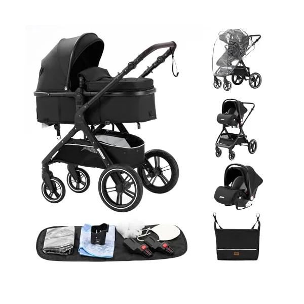 Prams 3 in 1 Travel System, Pushchair with Height Adjustable Handle, Travel Pram with Mosquito Net, Baby Stroller with Aluminum Frame for Newborn 0-4 Years (X1 Black)