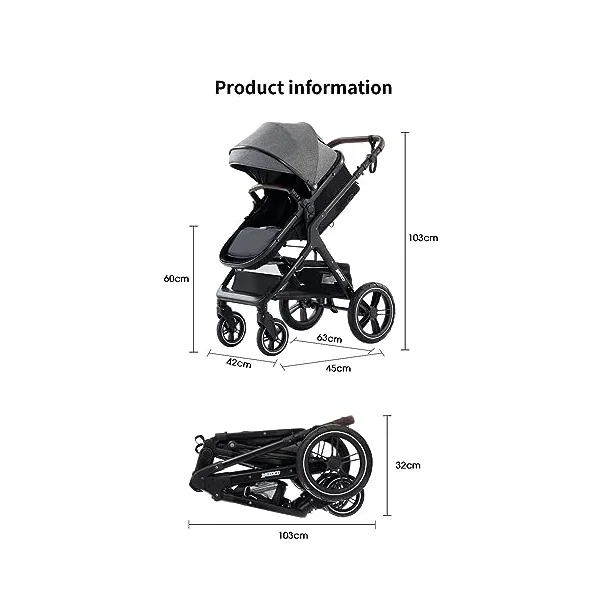 Prams 3 in 1 Travel System, Pushchair with Height Adjustable Handle, Travel Pram with Mosquito Net, Baby Stroller with Aluminum Frame for Newborn 0-4 Years (X1 Black)