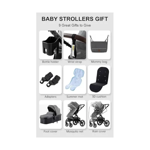 Prams 3 in 1 Travel System, Pushchair with Height Adjustable Handle, Travel Pram with Mosquito Net, Baby Stroller with Aluminum Frame for Newborn 0-4 Years (X1 Black)