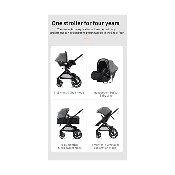 Prams 3 in 1 Travel System, Pushchair with Height Adjustable Handle, Travel Pram with Mosquito Net, Baby Stroller with Aluminum Frame for Newborn 0-4 Years (X1 Black)