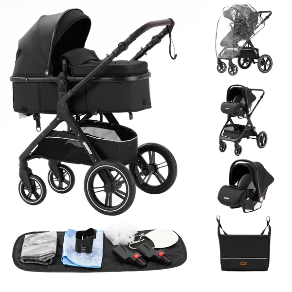 Prams 3 in 1 Travel System, Pushchair with Height Adjustable Handle, Travel Pram with Mosquito Net, Baby Stroller with Aluminum Frame for Newborn 0-4 Years (X1 Black)