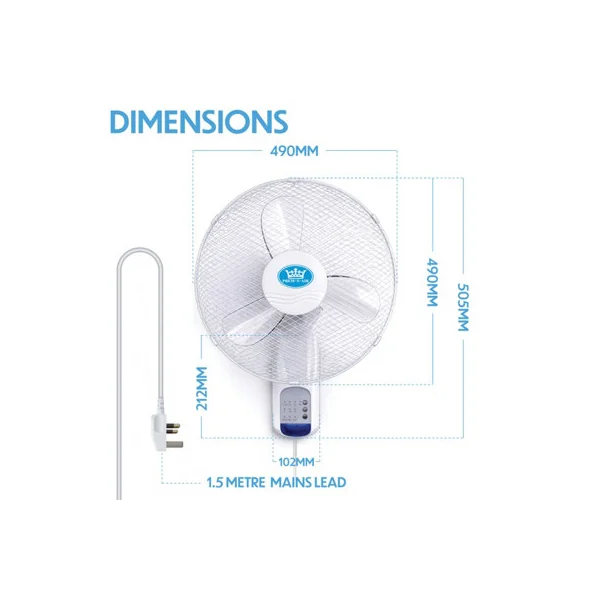 Prem-I-Air 18" Wall Fan with Remote 3 Speeds Oscillation 7.5hr Timer Adjustable Head White