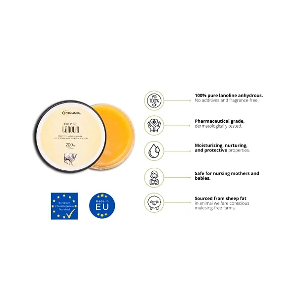 Prounol Pure Lanolin - 200 ml, Hand & Foot Cream Balm for Very Dry Skin | Anhydrous, fragrance-free | Pharmaceutical purity | Made in EU | Great for DIY cosmetics | Made with UltraPure™ Lanolin