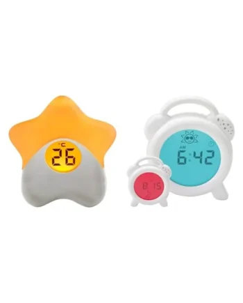 PurFlo NEW Snoozee Sleep Trainer Clock & Starlight Room Thermometer Bundle | Rechargeable Red & Blue Light Sleep Trainer with Sun & Moon Icons, Colour Changing Baby Room Thermometer, Toddlers & Kids