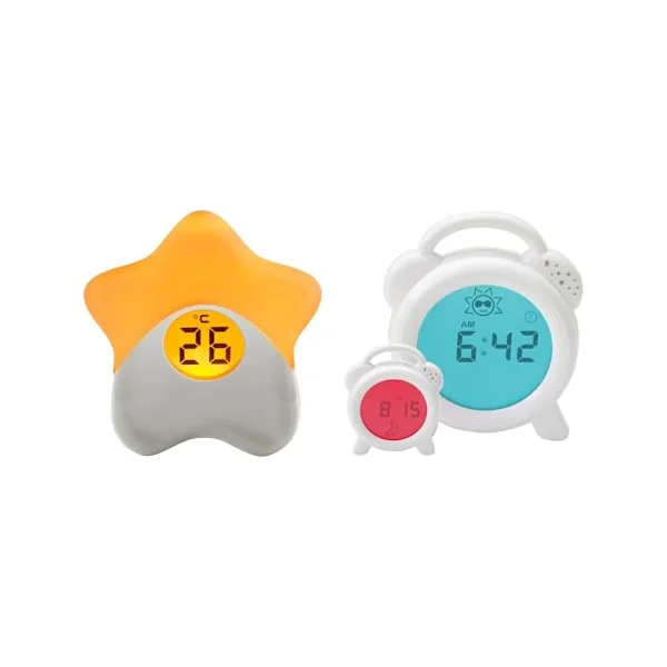 PurFlo NEW Snoozee Sleep Trainer Clock & Starlight Room Thermometer Bundle | Rechargeable Red & Blue Light Sleep Trainer with Sun & Moon Icons, Colour Changing Baby Room Thermometer, Toddlers & Kids