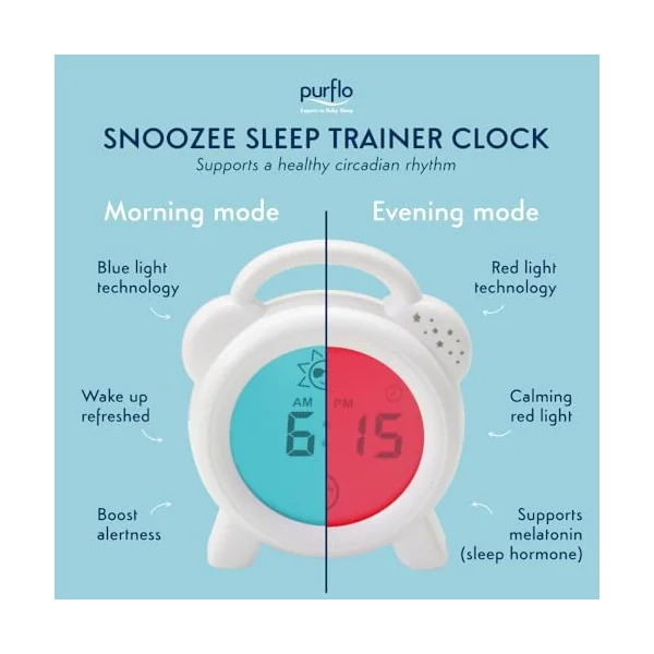 PurFlo NEW Snoozee Sleep Trainer Clock & Starlight Room Thermometer Bundle | Rechargeable Red & Blue Light Sleep Trainer with Sun & Moon Icons, Colour Changing Baby Room Thermometer, Toddlers & Kids