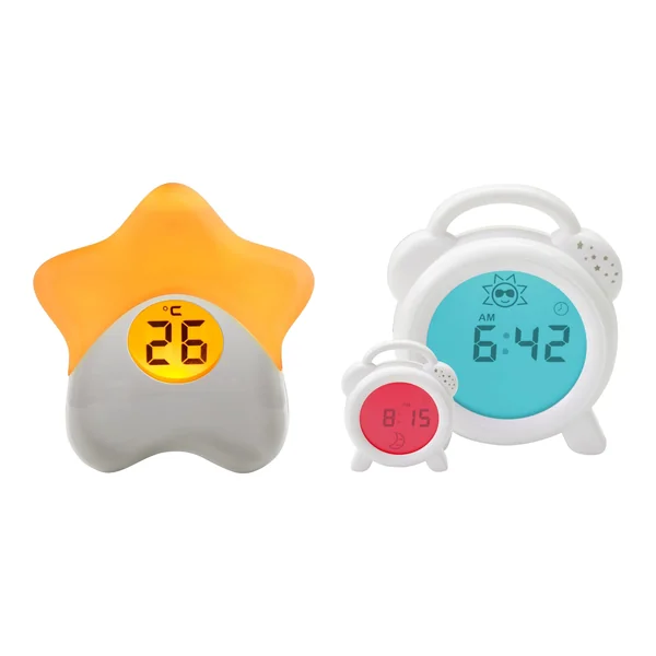 PurFlo NEW Snoozee Sleep Trainer Clock & Starlight Room Thermometer Bundle | Rechargeable Red & Blue Light Sleep Trainer with Sun & Moon Icons, Colour Changing Baby Room Thermometer, Toddlers & Kids