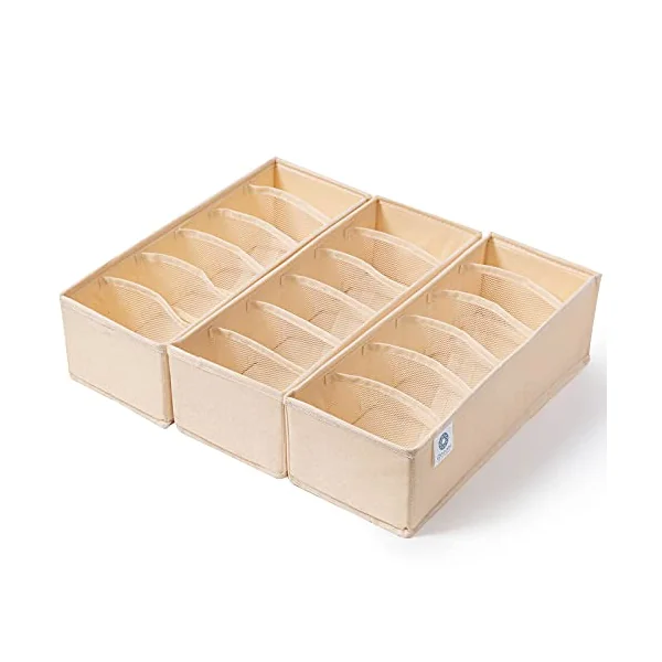 Qozary 3 Pack Sock Underwear Drawer Organizer Dividers, Collapsible Cabinet Closet Storage Boxes for Clothes, Socks, Lingerie, Underwear, Tie, Belt, Baby, Bedroom (Beige, 6 Cells)
