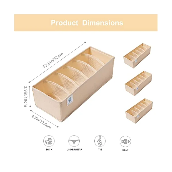 Qozary 3 Pack Sock Underwear Drawer Organizer Dividers, Collapsible Cabinet Closet Storage Boxes for Clothes, Socks, Lingerie, Underwear, Tie, Belt, Baby, Bedroom (Beige, 6 Cells)