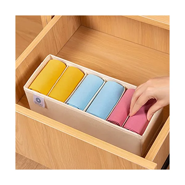 Qozary 3 Pack Sock Underwear Drawer Organizer Dividers, Collapsible Cabinet Closet Storage Boxes for Clothes, Socks, Lingerie, Underwear, Tie, Belt, Baby, Bedroom (Beige, 6 Cells)