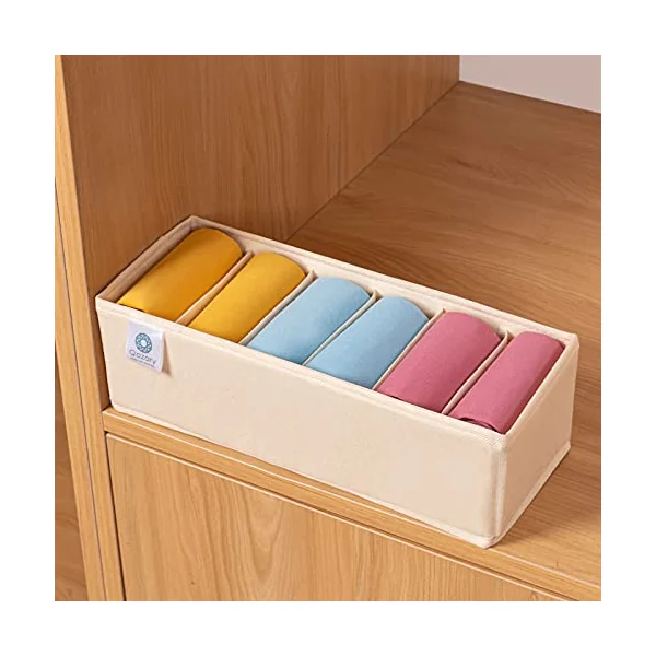Qozary 3 Pack Sock Underwear Drawer Organizer Dividers, Collapsible Cabinet Closet Storage Boxes for Clothes, Socks, Lingerie, Underwear, Tie, Belt, Baby, Bedroom (Beige, 6 Cells)