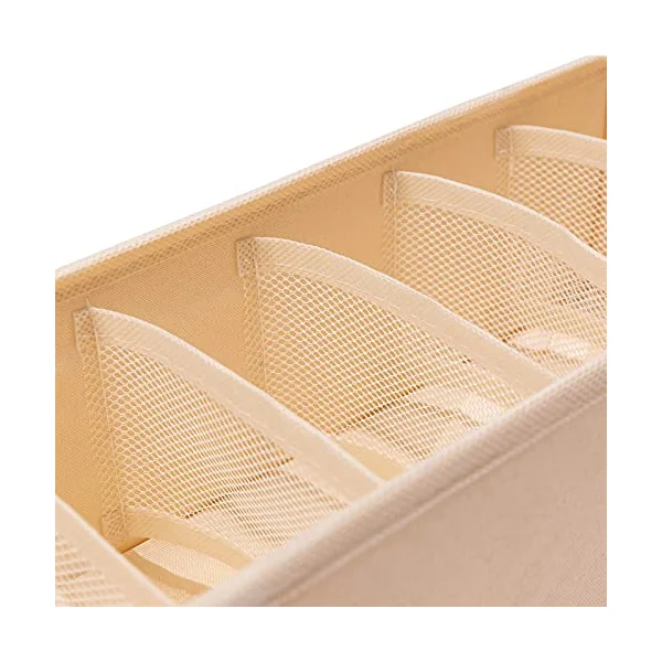 Qozary 3 Pack Sock Underwear Drawer Organizer Dividers, Collapsible Cabinet Closet Storage Boxes for Clothes, Socks, Lingerie, Underwear, Tie, Belt, Baby, Bedroom (Beige, 6 Cells)