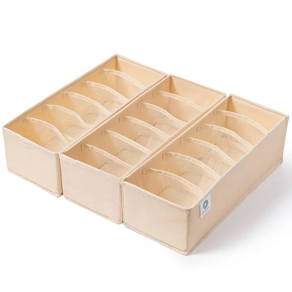 Qozary 3 Pack Sock Underwear Drawer Organizer Dividers, Collapsible Cabinet Closet Storage Boxes for Clothes, Socks, Lingerie, Underwear, Tie, Belt, Baby, Bedroom (Beige, 6 Cells)