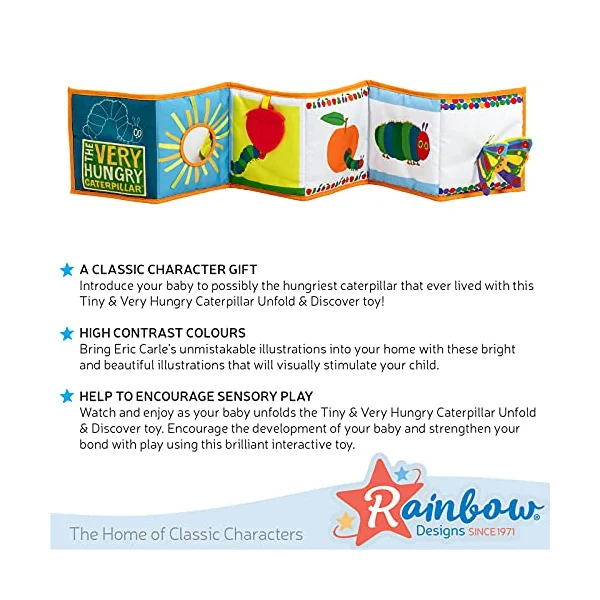 Rainbow Designs Tiny and Very Hungry Caterpillar Unfold & Discover Soft Toy - Soft Cloth Books for Babies | Crinkle textures, teether, fold-out sensory play, encourages tummy time