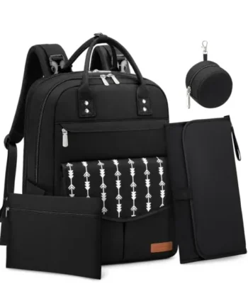 RAINSMORE Baby Changing Bag Backpack Insulated Bottle Pocket Nappy Bag | Includes Changing Mat and Pacifier Case Insulated Diaper Bag with Stroller Straps & Luggage Sleeve for Mum and Dad Black