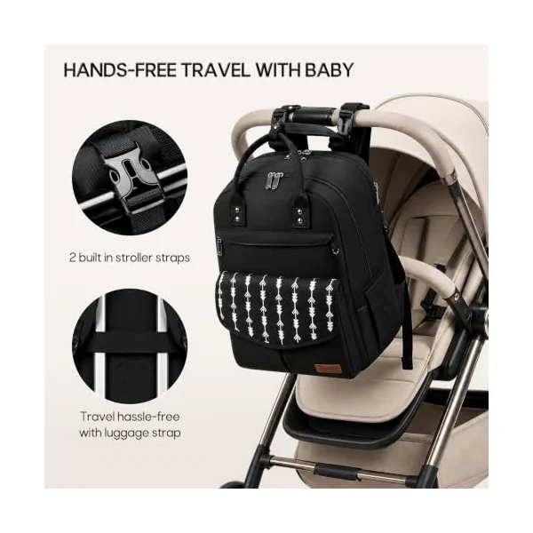 RAINSMORE Baby Changing Bag Backpack Insulated Bottle Pocket Nappy Bag | Includes Changing Mat and Pacifier Case Insulated Diaper Bag with Stroller Straps & Luggage Sleeve for Mum and Dad Black