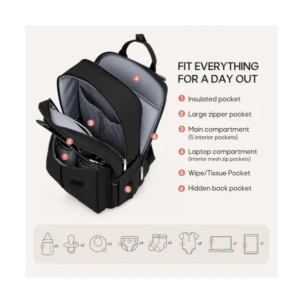 RAINSMORE Baby Changing Bag Backpack Insulated Bottle Pocket Nappy Bag | Includes Changing Mat and Pacifier Case Insulated Diaper Bag with Stroller Straps & Luggage Sleeve for Mum and Dad Black