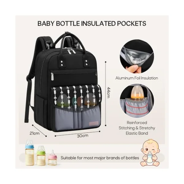 RAINSMORE Baby Changing Bag Backpack Insulated Bottle Pocket Nappy Bag | Includes Changing Mat and Pacifier Case Insulated Diaper Bag with Stroller Straps & Luggage Sleeve for Mum and Dad Black