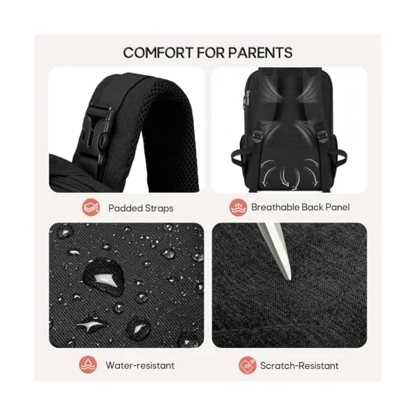 RAINSMORE Baby Changing Bag Backpack Insulated Bottle Pocket Nappy Bag | Includes Changing Mat and Pacifier Case Insulated Diaper Bag with Stroller Straps & Luggage Sleeve for Mum and Dad Black
