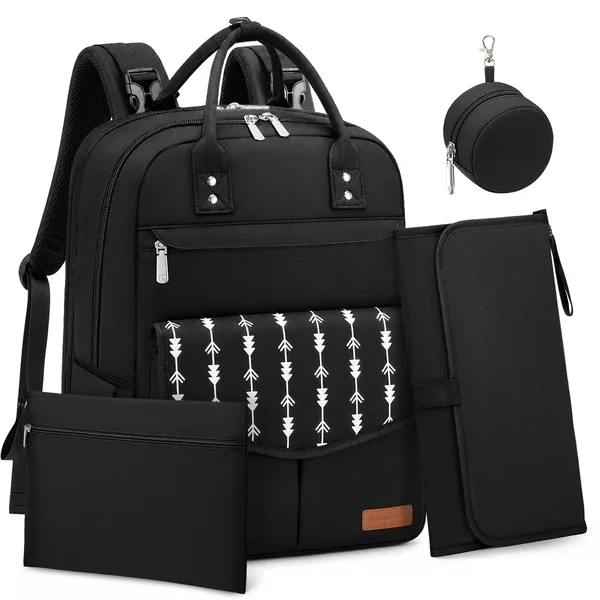 RAINSMORE Baby Changing Bag Backpack Insulated Bottle Pocket Nappy Bag | Includes Changing Mat and Pacifier Case Insulated Diaper Bag with Stroller Straps & Luggage Sleeve for Mum and Dad Black