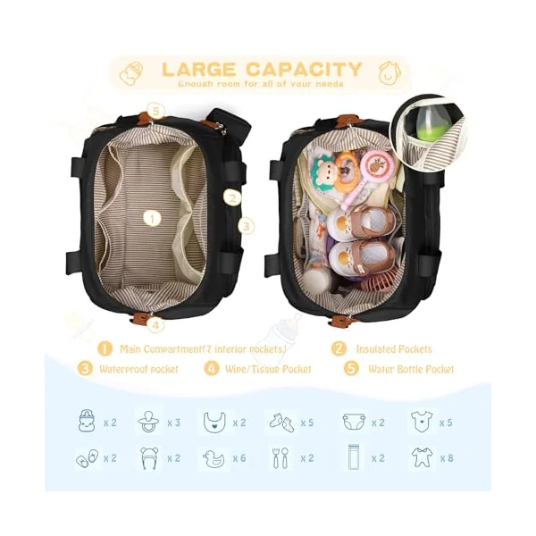 RAINSMORE Baby Changing Bags Nappy Tote Bag Waterproof Baby Diaper Bag for Mom and Dad with Pacifier Holder and Portable Changing Mat Black