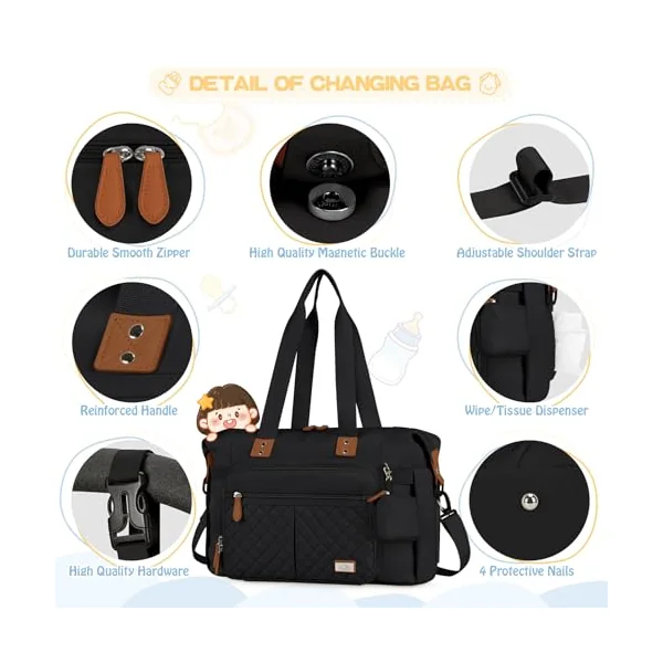 RAINSMORE Baby Changing Bags Nappy Tote Bag Waterproof Baby Diaper Bag for Mom and Dad with Pacifier Holder and Portable Changing Mat Black