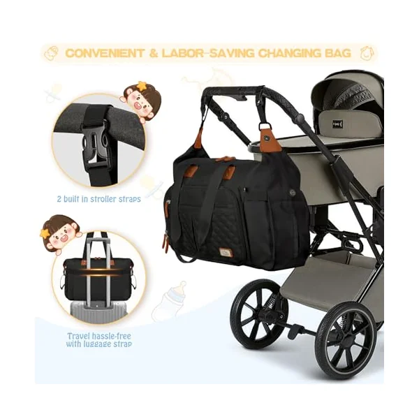 RAINSMORE Baby Changing Bags Nappy Tote Bag Waterproof Baby Diaper Bag for Mom and Dad with Pacifier Holder and Portable Changing Mat Black