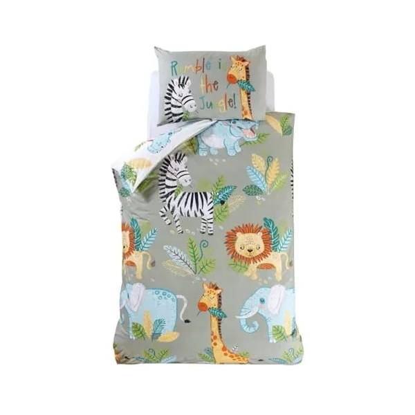 Rapport Home - Duvet Cover & Pillowcase Set - Single Reversible Bedding - Rumble in the Jungle Green Animal Print 135x200cm