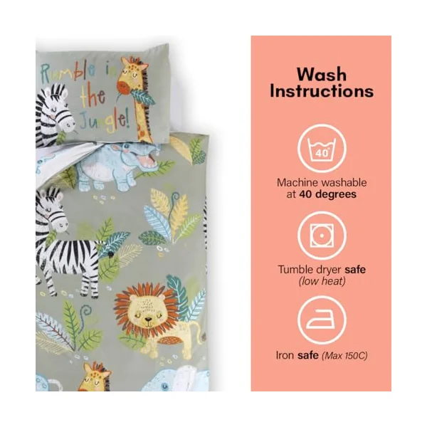Rapport Home - Duvet Cover & Pillowcase Set - Single Reversible Bedding - Rumble in the Jungle Green Animal Print 135x200cm