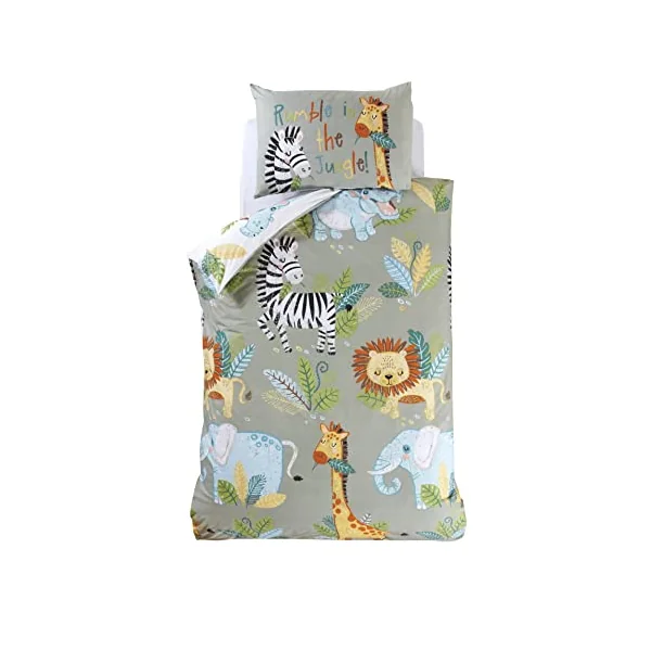 Rapport Home - Duvet Cover & Pillowcase Set - Single Reversible Bedding - Rumble in the Jungle Green Animal Print 135x200cm