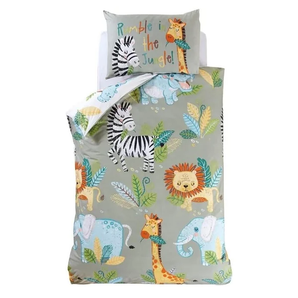 Rapport Home - Duvet Cover & Pillowcase Set - Single Reversible Bedding - Rumble in the Jungle Green Animal Print 135x200cm