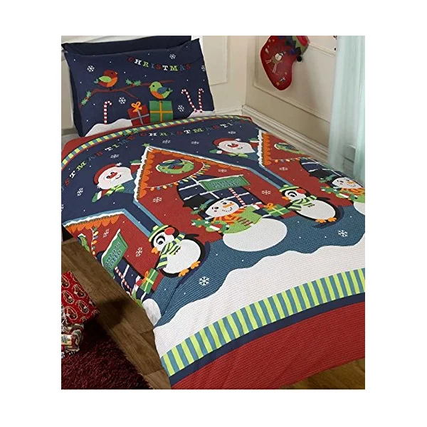 Rapport Home Kids Christmas Duvet Cover Set | Festive Father Christmas, Snowman & Penguin Design Bedding | Soft Single 2-Piece Quilt Set | Multi-Colour