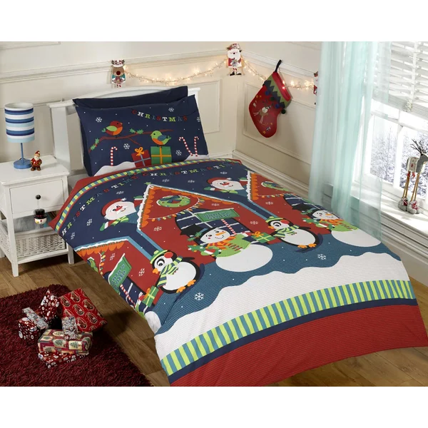 Rapport Home Kids Christmas Duvet Cover Set | Festive Father Christmas, Snowman & Penguin Design Bedding | Soft Single 2-Piece Quilt Set | Multi-Colour