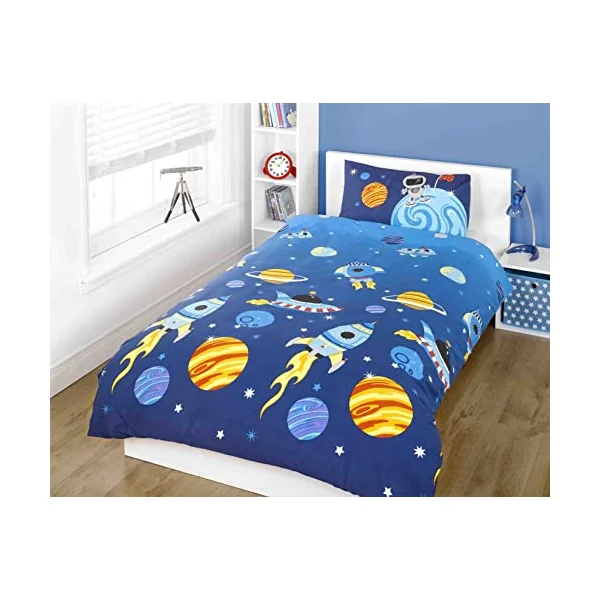 Rapport Home Kids Space Adventure Duvet Cover Set | Rocket & Planet Design Single Bedding for Children | Soft, Durable, Easy Care & Fade Resistant | Blue