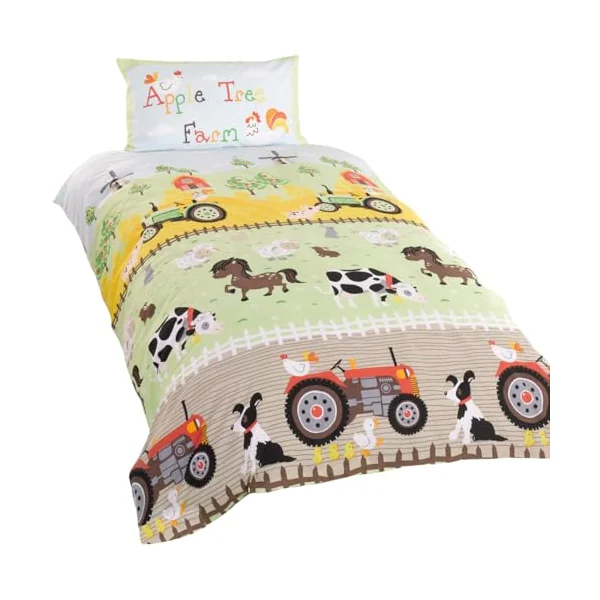 Rapport Home Single Duvet Cover Set & Pillowcase - Farm Animals & Tractors Multi-Colour Polycotton Bedding for Cot Beds 135x200cm Kids Boys Girls Easy Care