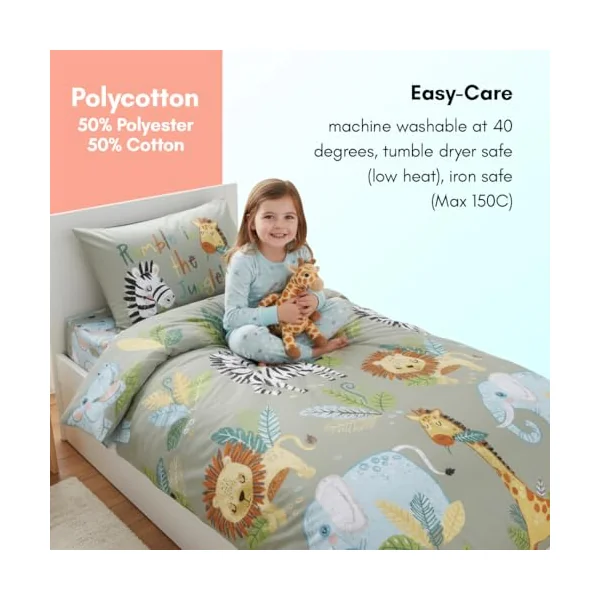 Rapport Home - Toddler Duvet Cover & Pillowcase Set - Kids Reversible Bedding - Rumble in the Jungle Green Animal Print 120x150cm