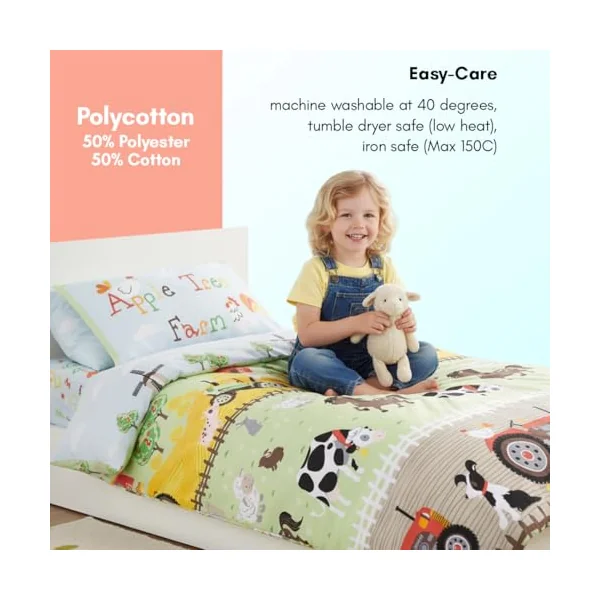 Rapport Home Toddler Duvet Cover Set & Pillowcase - Farm Animals & Tractors Multi-Colour Polycotton Bedding for Cot Beds 120x150cm Kids Boys Girls Easy Care
