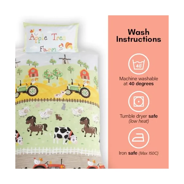 Rapport Home Toddler Duvet Cover Set & Pillowcase - Farm Animals & Tractors Multi-Colour Polycotton Bedding for Cot Beds 120x150cm Kids Boys Girls Easy Care