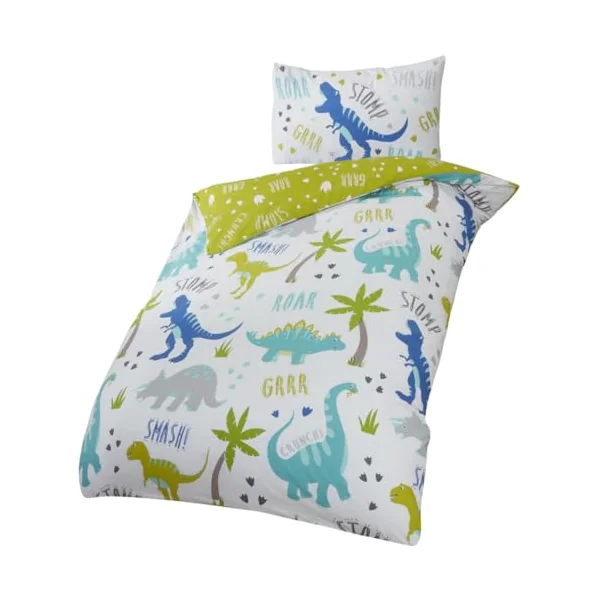 Rapport Roarsome Dinosaur Reversible Duvet Cover Set for Kids | Vibrant Dino World Bedding | Soft Cotton Blend Toddler Size, White, Green, Blue