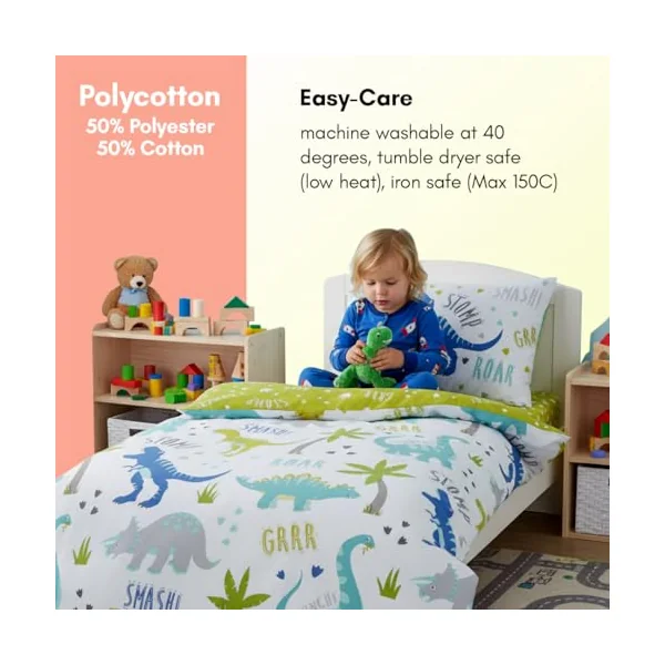 Rapport Roarsome Dinosaur Reversible Duvet Cover Set for Kids | Vibrant Dino World Bedding | Soft Cotton Blend Toddler Size, White, Green, Blue