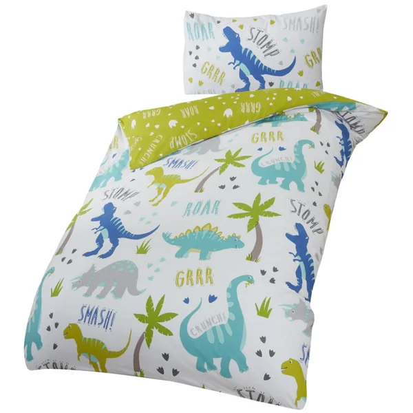 Rapport Roarsome Dinosaur Reversible Duvet Cover Set for Kids | Vibrant Dino World Bedding | Soft Cotton Blend Toddler Size, White, Green, Blue
