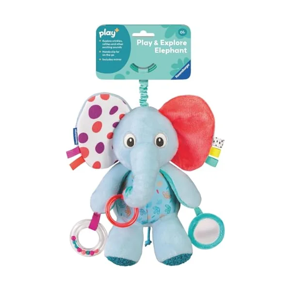 Ravensburger Play+ Explore & Play Elephant - Crinkle Pram Toy with Rattle and Mirror - Baby Toys 0-6 Months - Sensory Toys for Babies