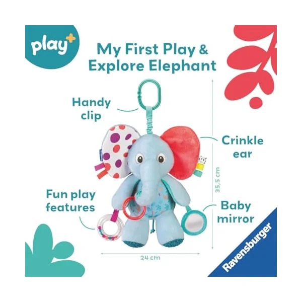Ravensburger Play+ Explore & Play Elephant - Crinkle Pram Toy with Rattle and Mirror - Baby Toys 0-6 Months - Sensory Toys for Babies