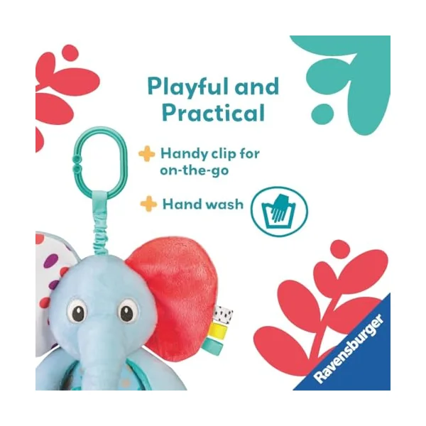 Ravensburger Play+ Explore & Play Elephant - Crinkle Pram Toy with Rattle and Mirror - Baby Toys 0-6 Months - Sensory Toys for Babies