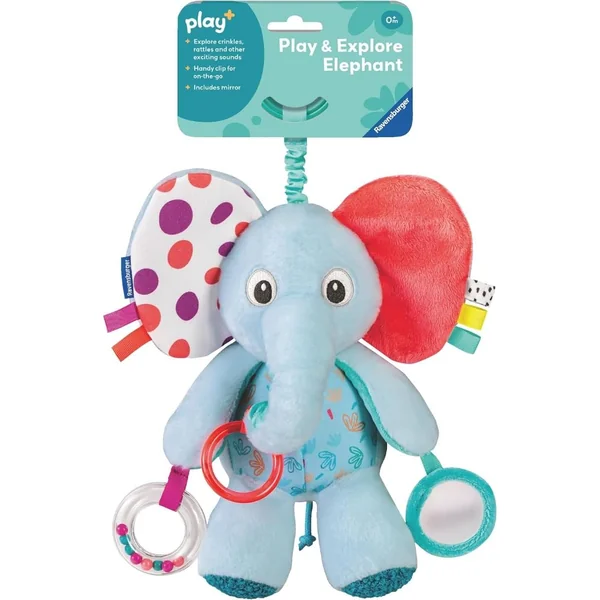 Ravensburger Play+ Explore & Play Elephant - Crinkle Pram Toy with Rattle and Mirror - Baby Toys 0-6 Months - Sensory Toys for Babies