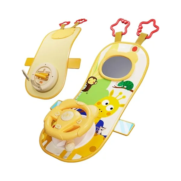 Rear Facing Car Seat Toys, 360° Rotation Baby Steering Wheel Toy with Mirror, Music, Lights and Driving Sounds, 12 Months+ Kids Steering Wheel for Car Backseat